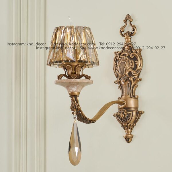 دیواری رویال آنتیک سنگ کرم زنبق آفتاب کلاهک کریستال آویز بادامی 1