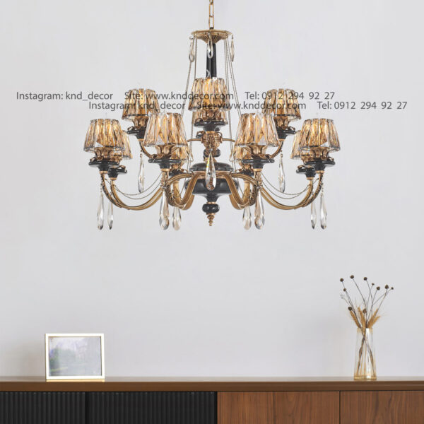 لوستر رویال آنتیک سنگ مشکی زنبق آفتاب کلاهک کریستال آویز بادامی 12