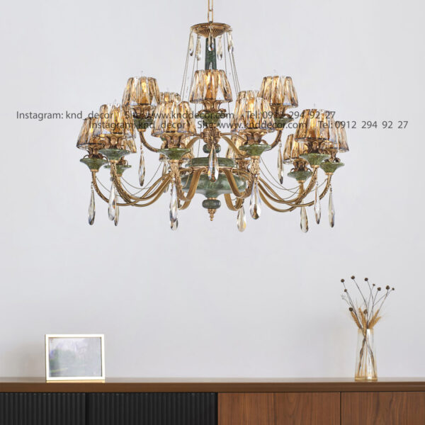 لوستر رویال آنتیک سنگ سبز زنبق آفتاب کلاهک کریستال آویز بادامی 15