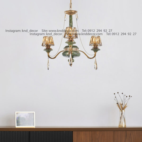 لوستر رویال آنتیک سنگ سبز زنبق آفتاب کلاهک کریستال آویز بادامی 3