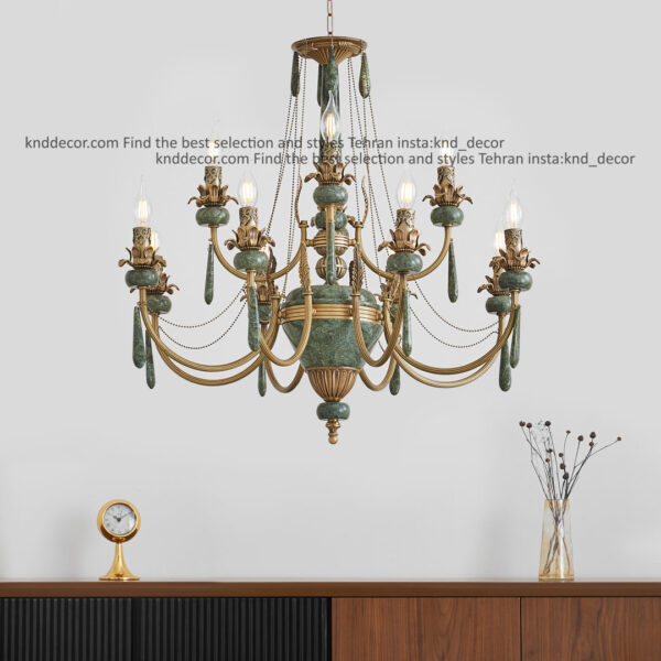 لوستر لیانا برنجی آنتیک زنبق آفتاب سنگ سبز آویز سنگ 12