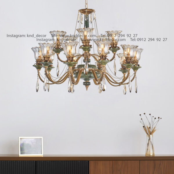 لوستر رویال آنتیک سنگ سبز زنبق آفتاب با لاله آویز بادامی 15