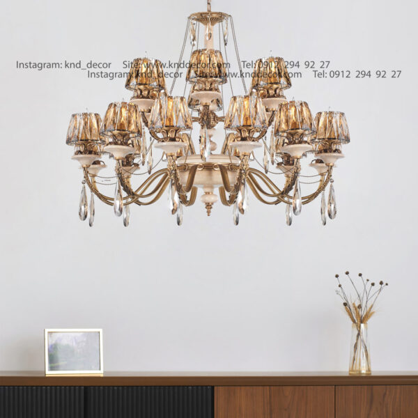 لوستر رویال آنتیک سنگ کرم زنبق آفتاب کلاهک کریستال آویز بادامی 18