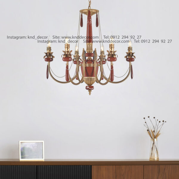 لوستر لیانا برنجی آنتیک زنبق آفتاب سنگ قرمز آویز سنگ 6