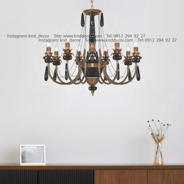 لوستر لیانا برنجی آنتیک زنبق آفتاب سنگ مشکی آویز سنگ 8