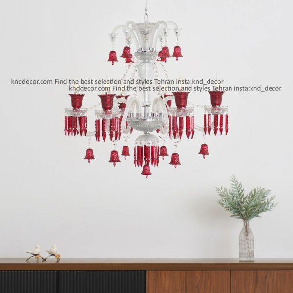 لوستر باکارات گرید 1 غلاف شیشه و صلیبی شاخه 30 سانت کاسه 21 رنگی دو رنگ 6 سوتون کوتاه