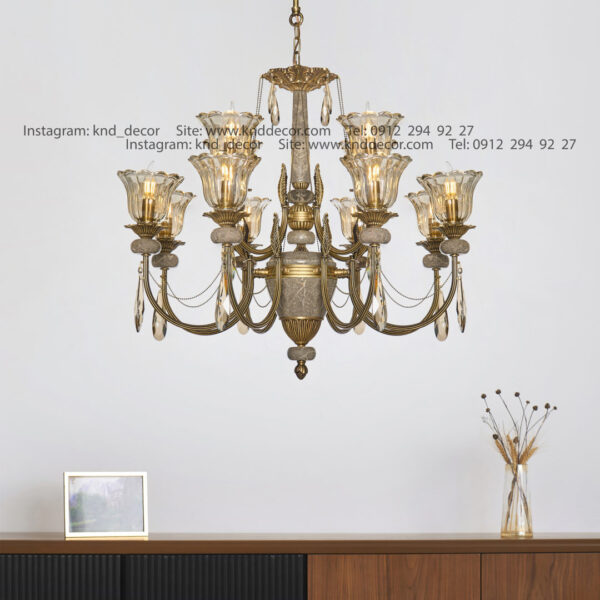 لوستر لیانا یراق آلومینیوم آنتیک سنگ نوک مدادی با لاله آویز بادامی 12