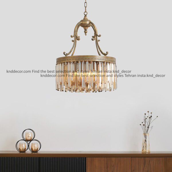 لوستر گرد بازویی آنتیک برنجی 40 سانت 3 بازو 9 لامپ 108 جای آویز