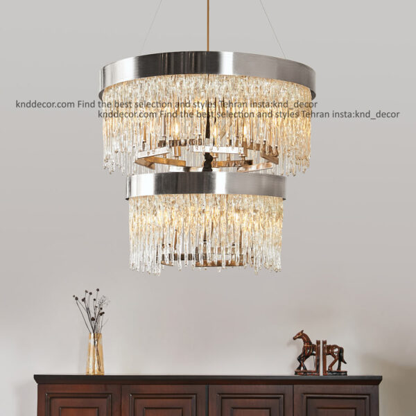 لوستر 3090 کروم 70+50 سانت با کریستال قندیلی