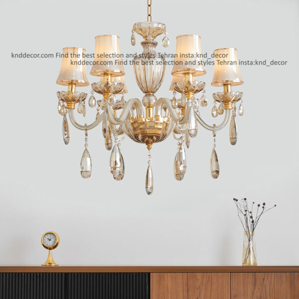 لوستر اس بلوری زنبق کریستال با  کلاهک شیشه آویز بادامی  6