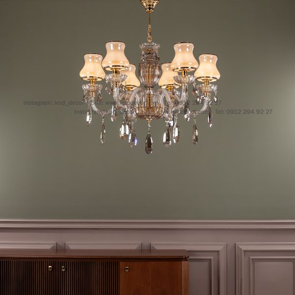 لوستر اس بلوری زنبق کریستال با کلاهک شیشه آویز بادامی 6