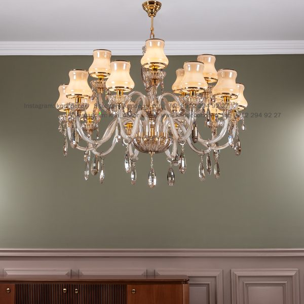 لوستر اس بلوری زنبق کریستال با کلاهک شیشه آویز بادامی 15