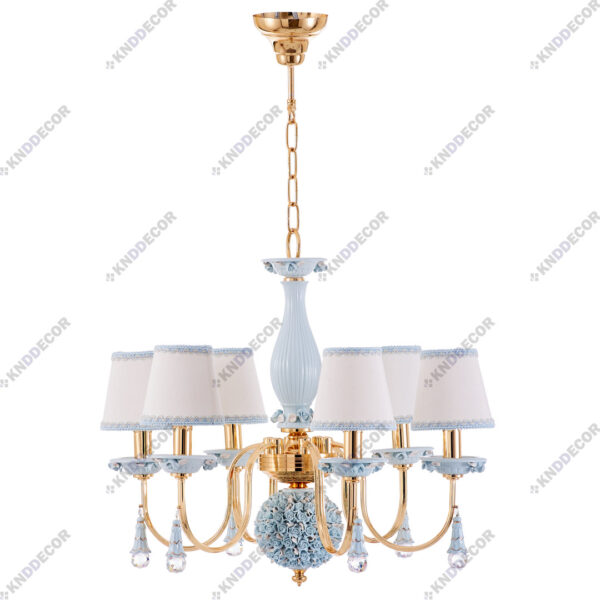 لوستر شکوفه فورتیک سرامیک آبی با کلاهک پارچه با آویز سرامیک 6