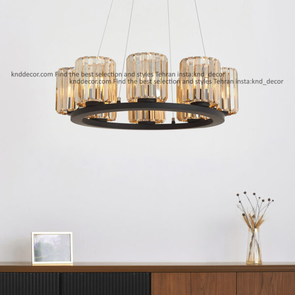 لوستر 1041 طول 70 سانت 8 مشكی با شيد كريستالی كاردی 15 سانت برنزی