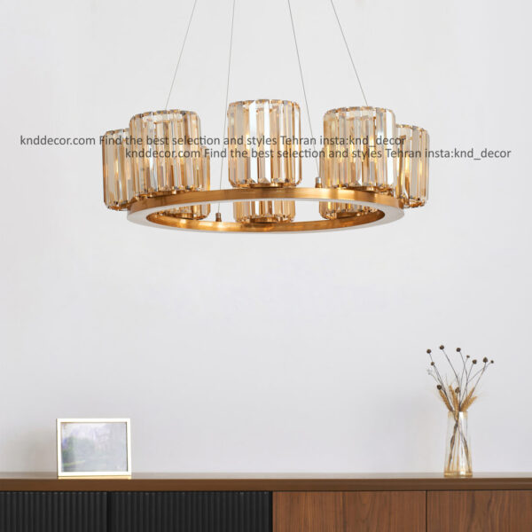 لوستر 1041 قطر 70 سانت 8 سانتيک با شيد كريستالی كاردی 15 سانت برنزی