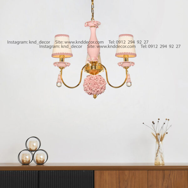 لوستر شکوفه فورتیک سرامیک صورتی با کلاهک پارچه با آویز سرامیک 3