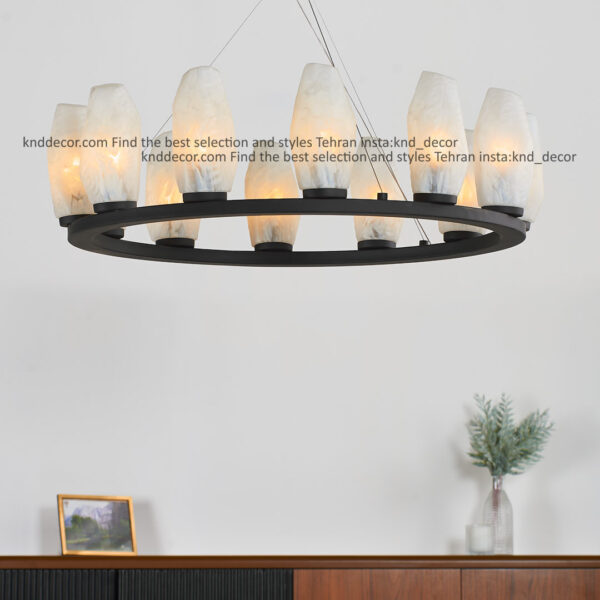 لوستر 1041 قطر 100 سانت 12 مشكی با حباب 120 طرح سنگ