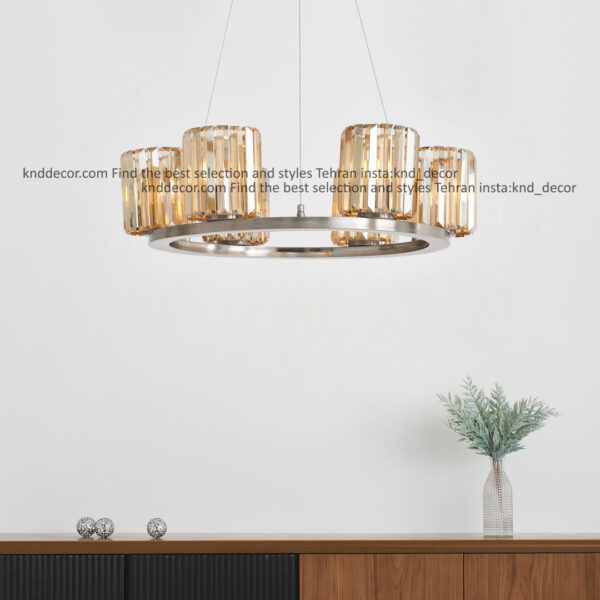 لوستر 1041 قطر 55 سانت 6 كروم با شيد كريستالی كاردی 15 سانت برنزی