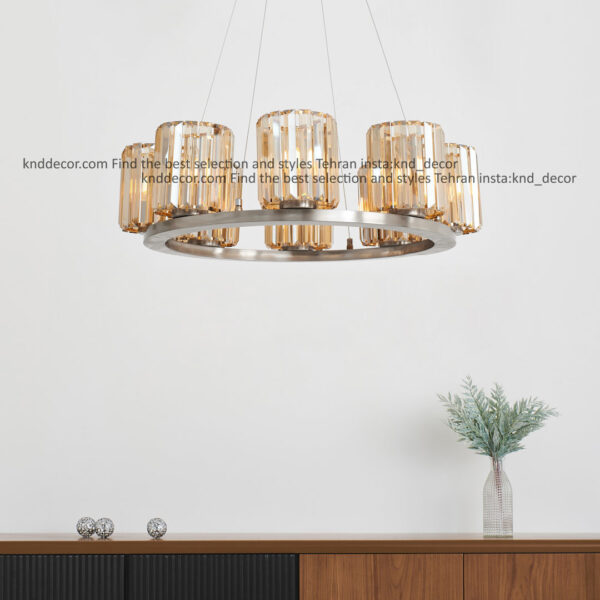 لوستر 1041 قطر 70 سانت 8 كروم با شيد كريستالی كاردی 15 سانت برنزی