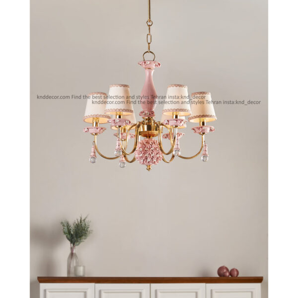 لوستر شکوفه فورتیک سرامیک صورتی با کلاهک پارچه با آویز سرامیک 6