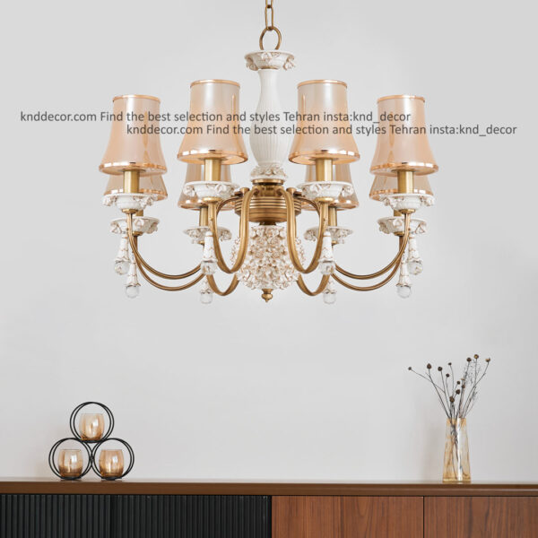 لوستر شکوفه آنتیک سرامیک سفید با کلاهک شیشه با آویز سرامیک 8