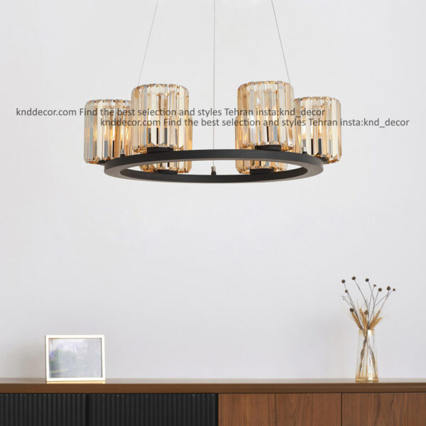 لوستر 1041 طول 55 سانت 6 مشكی با شيد كريستالی كاردی 15 سانت برنزی