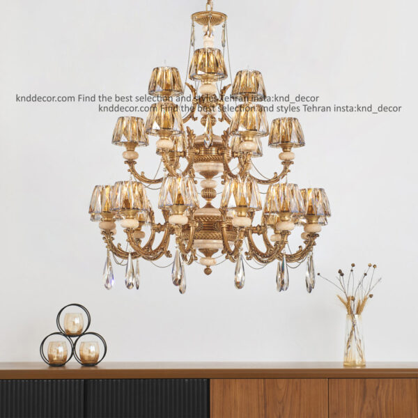 لوستر جار پتینه سنگ کرم با کلاهک کریستال آویز بادامی 21