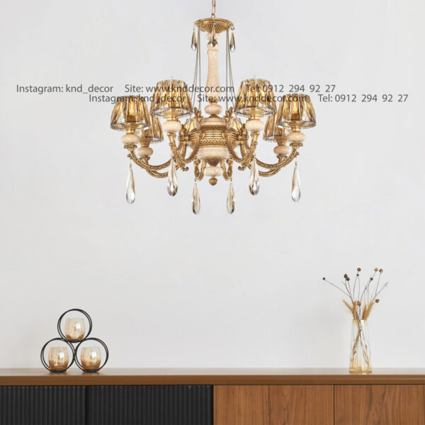 لوستر جار پتینه سنگ کرم با کلاهک کریستال آویز بادامی 6