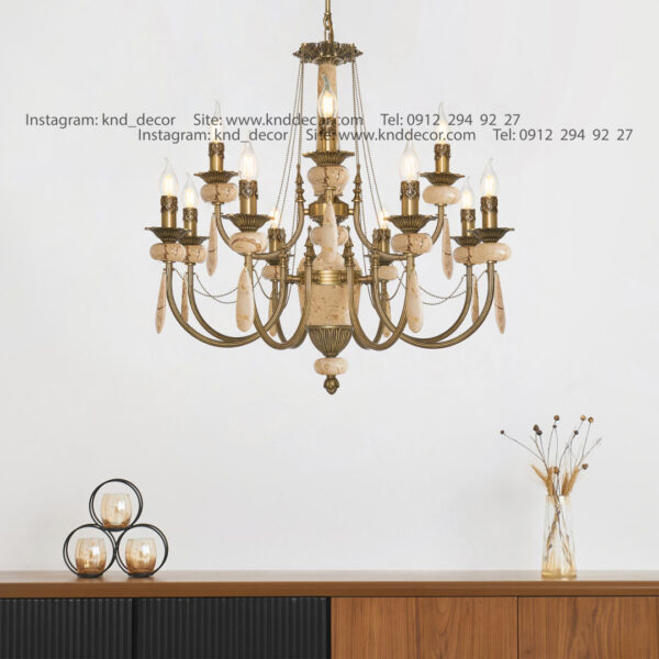 لوستر لیانا آهن آنتیک سنگ کرم پرطاووسی آویز سنگ 12