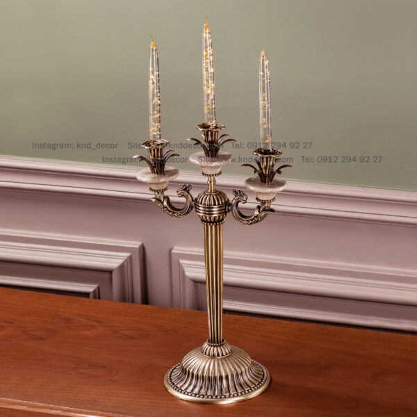 شمعدان کاپری کوچک ستون کونیک سنگ کرم آنتیک سه شاخه ( ۲+۱ )